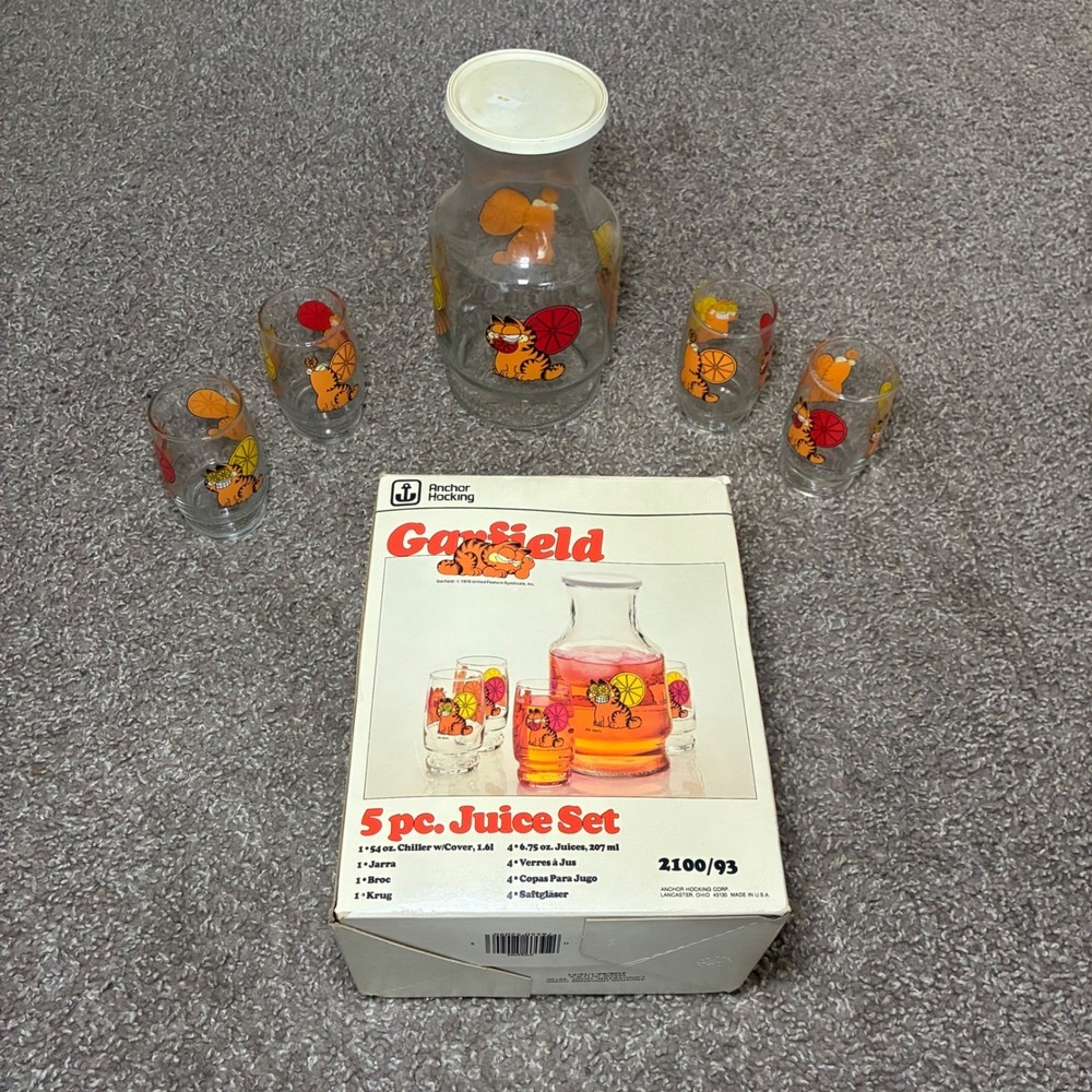 Vintage Anchor Hocking Garfield Juice Set 1978 Glass Carafe Glasses Cup 5 Pc Set